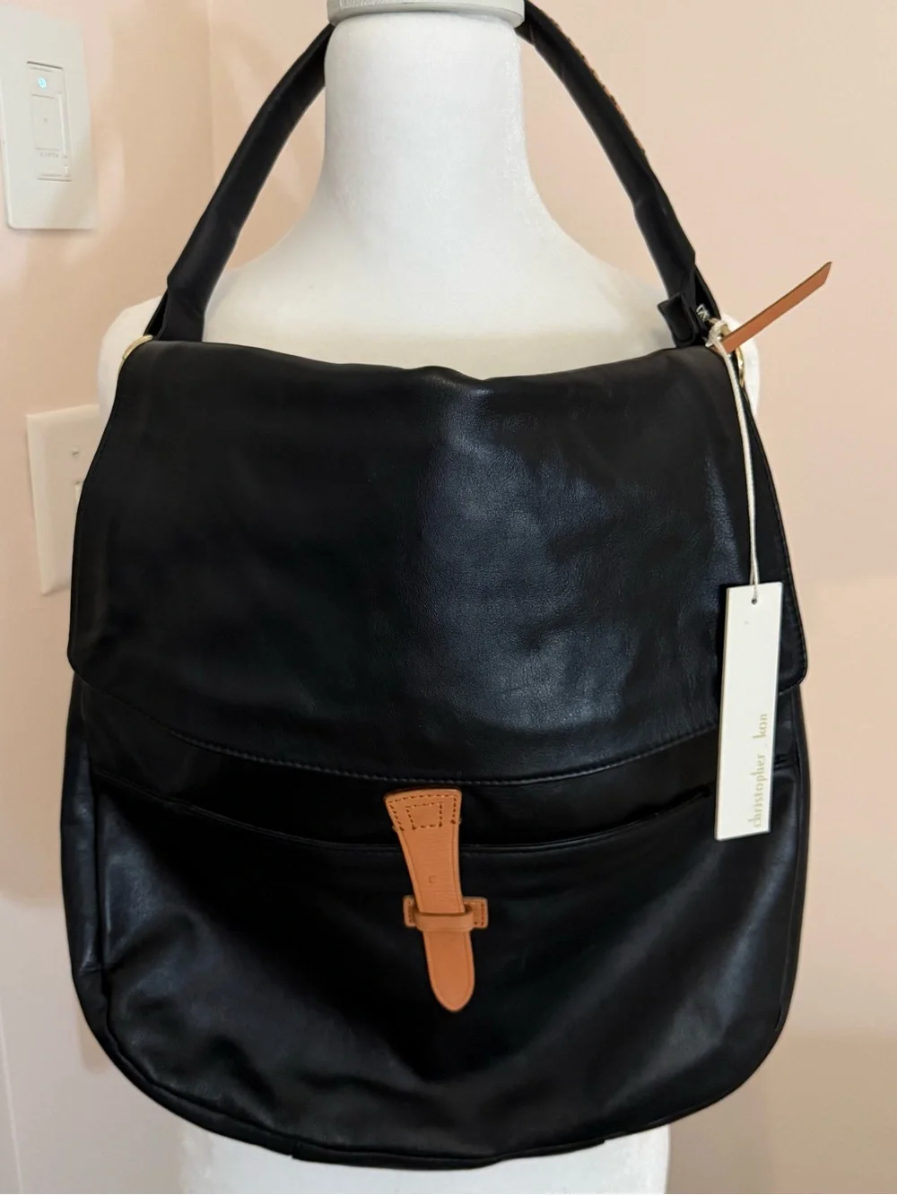 NWT Christopher Kon Black Genuine Leather Slouch Hobo Shoulder Bag Braided Strap
